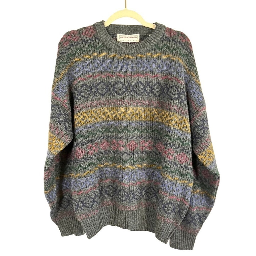 Vintage Wool Fair Isle Sweater XL Geometric Classic Striped Fisherman Grandpa